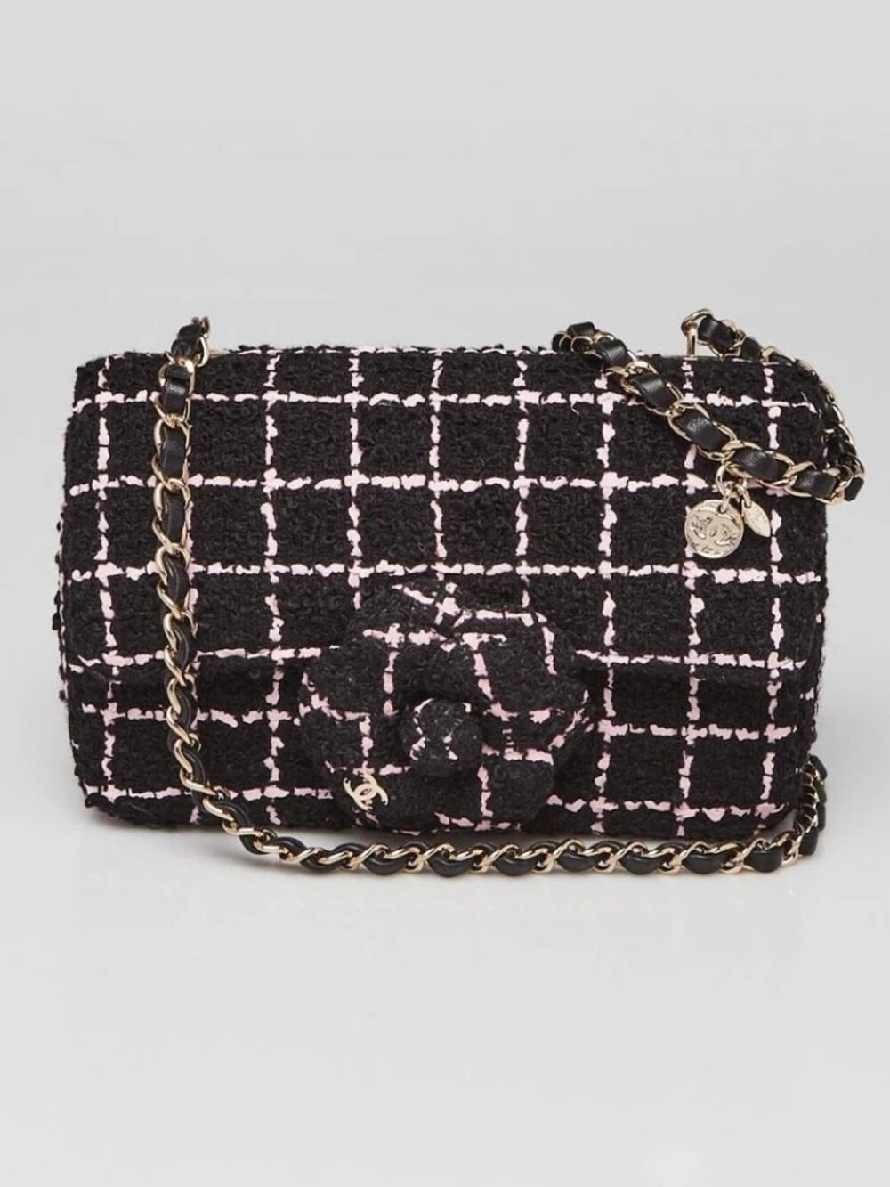 Chanel Black/Pink Wood Tweed Camellia Small Flap Bag